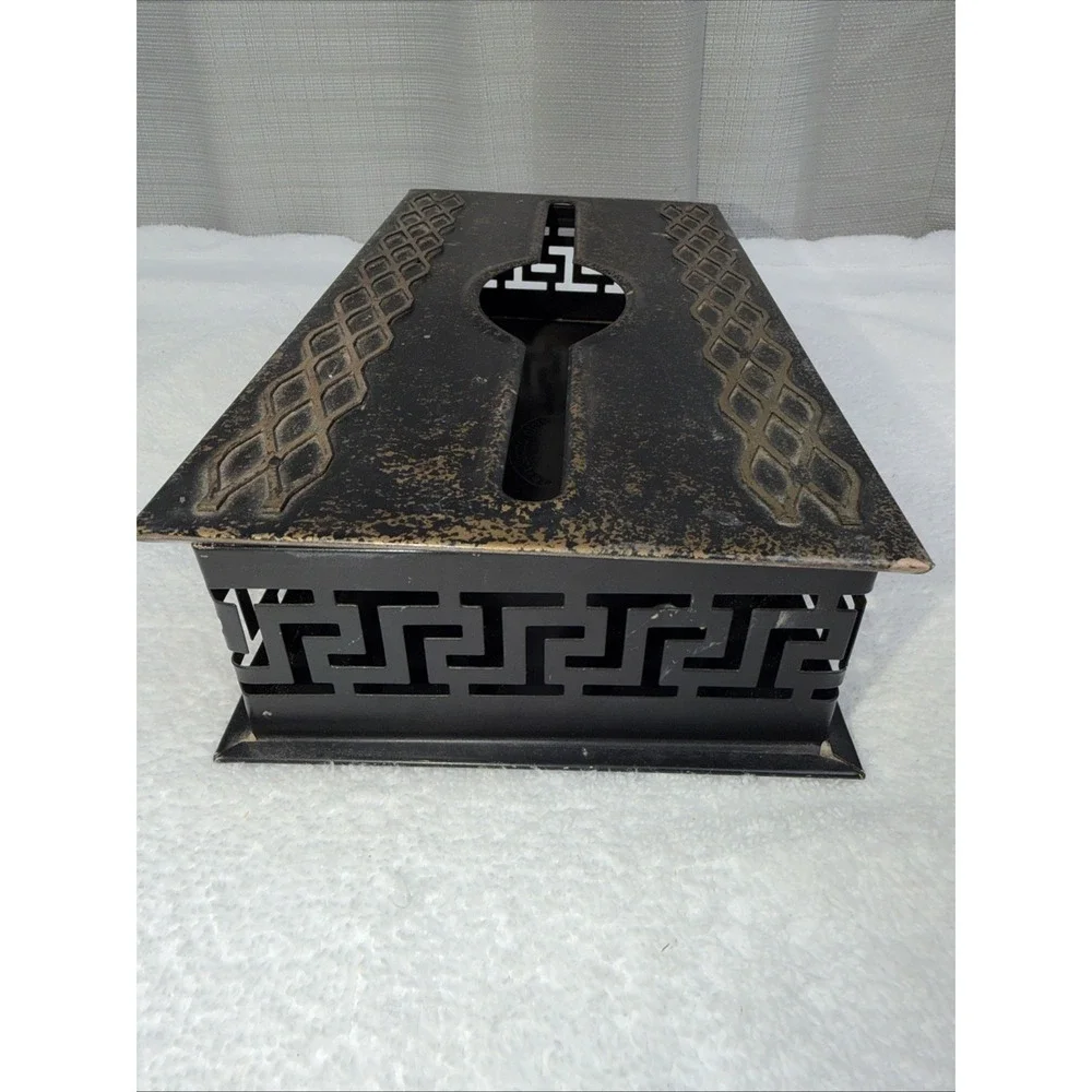 Plymouth Tole Ware Metal Hand Decorated  Black & Gold Wall Tissue Box Cover Long